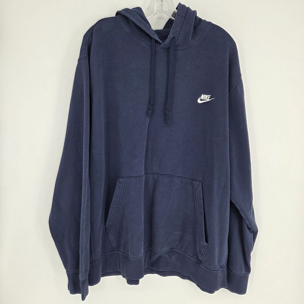 Nike Men's 2XL Navy Pullover Fleece Hoodie Embroidered Logo Pockets Drawstring